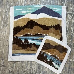 Vintage 70s Burlington House Mountain Scene Plush Bath Towel & Washcloth Set